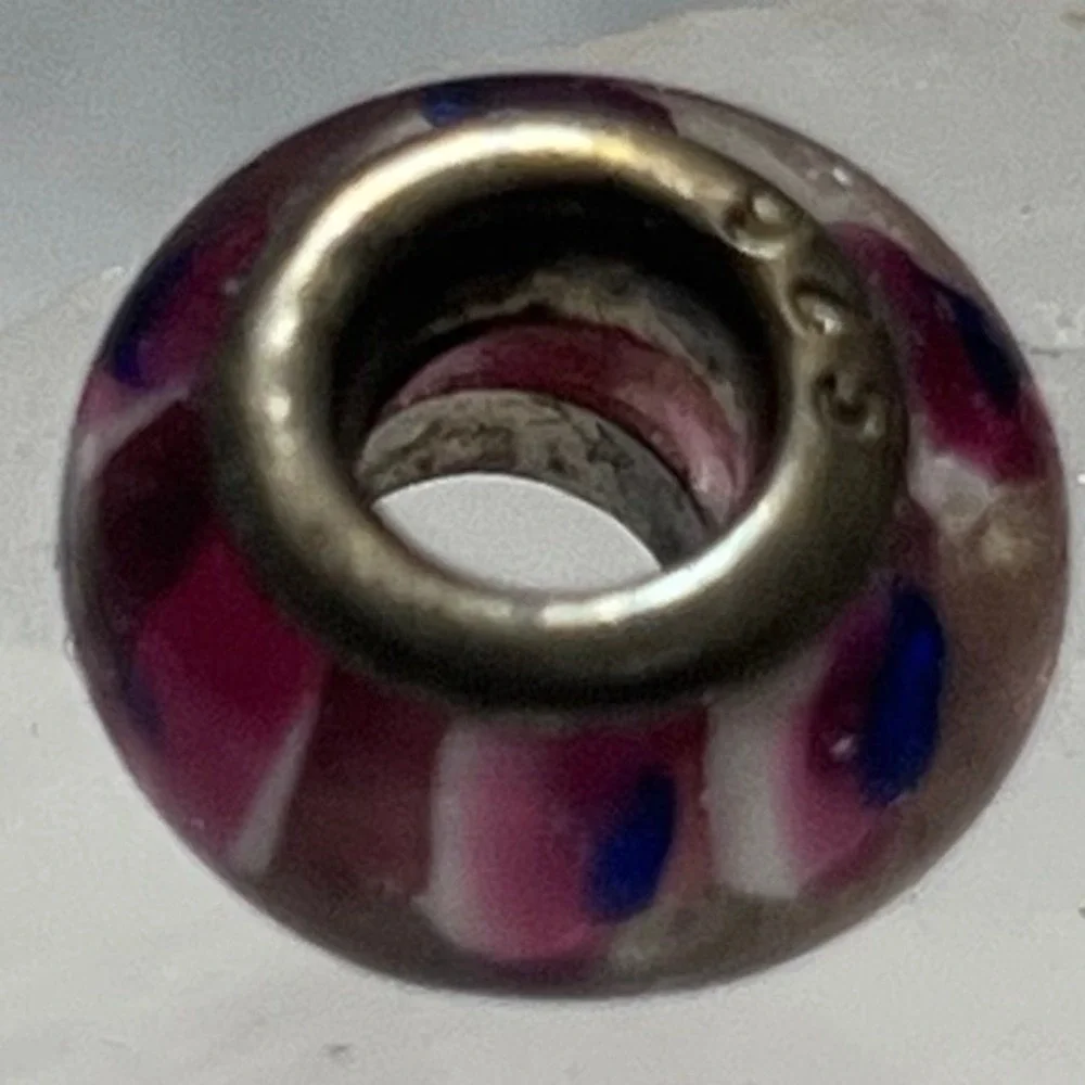 Sterling Glass Bead Lampwork Murano Style Pink White Blue Stripes Charm Necklace